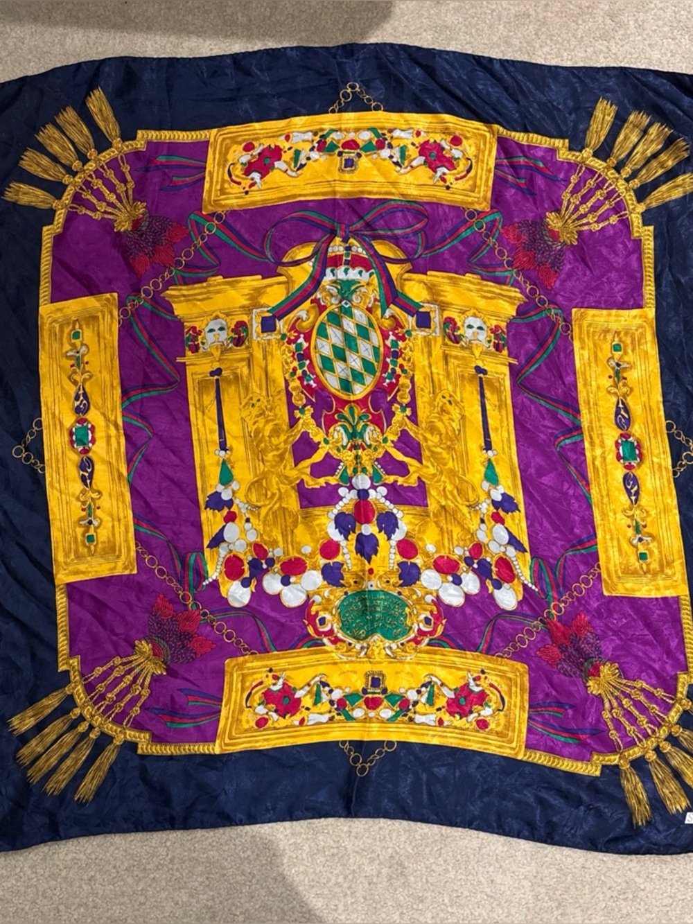 100% Silk Square Scarf Purple Gold Lion Regal Pattern 34 in x 34 in SunKyung Sa